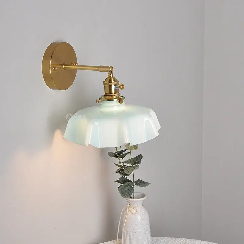 DecorBites led glass wall lamp with brass metal arm and off-white ruffled glass shade for bedroom living room decor