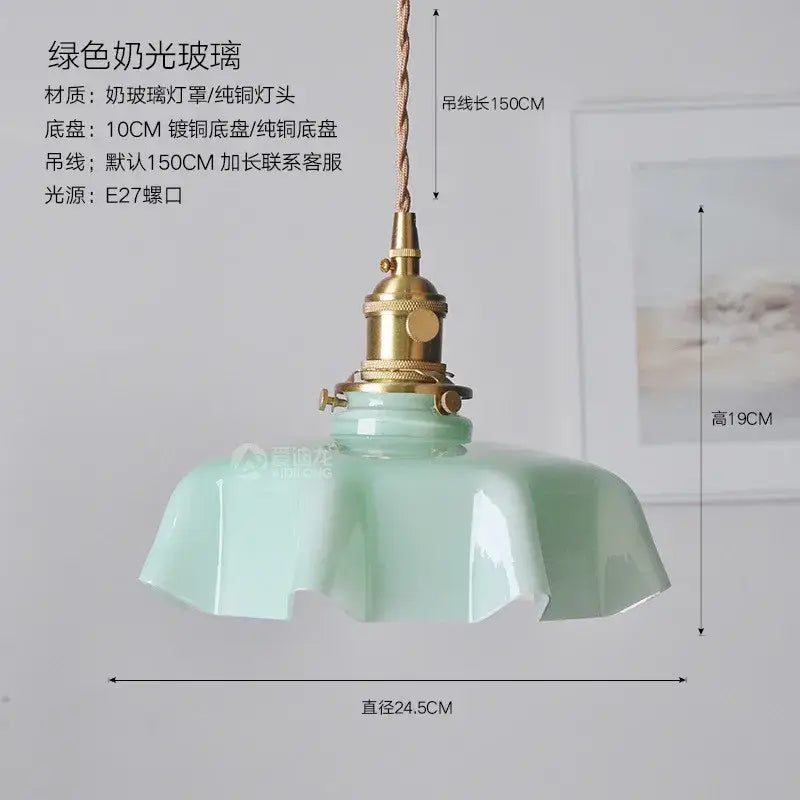 A mint green frosted glass pendant with brass fixture and twisted copper cord for decorbites led glass wall lamp