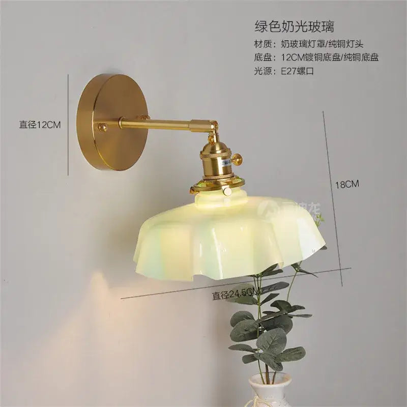 Vintage-style decorbites led glass wall lamp with green frosted glass shade and brass finish for bedroom and living room