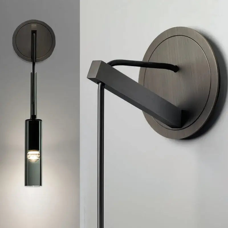 Modern black matte finished decorbites led glass wall lamp with cylindrical light and angular arm for indoor lighting