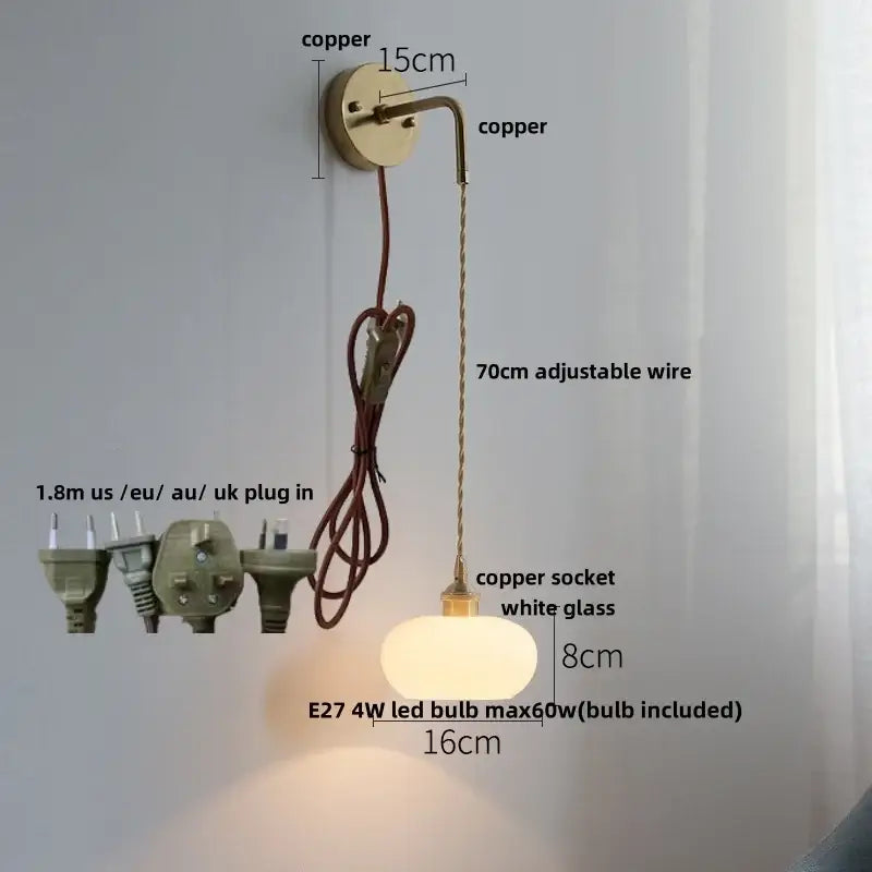 Copper-finished decorbites led glass wall light with white glass globe and adjustable cord for bedside use