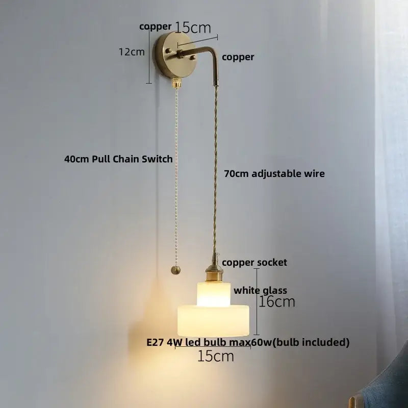 Copper wall light with tiered white glass shade and adjustable pull chain switch by DecorBites led glass wall fixture