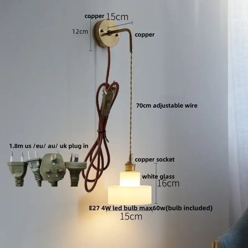 Copper decorbites led glass wall light with white glass shade and adjustable cord for modern bedside lighting