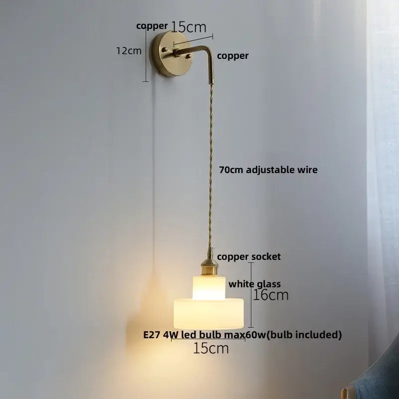 Copper decorbites led glass wall light with tiered white glass shade and adjustable wire for modern bedroom use