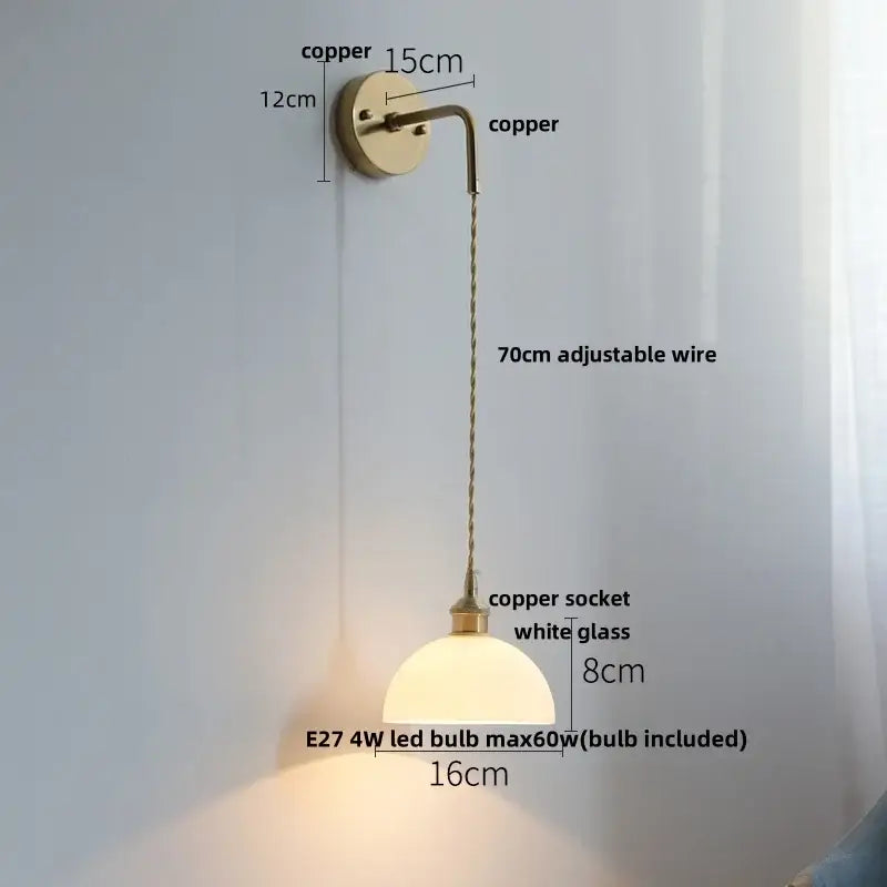 Copper decorbites led glass wall light with white glass shade and adjustable wire for modern bedside use