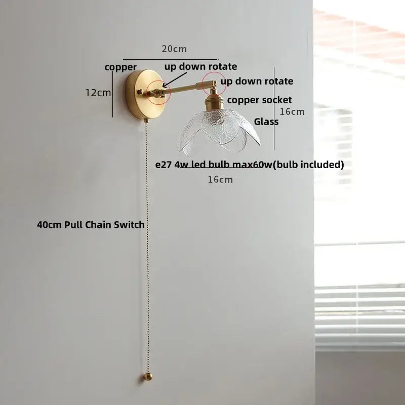 DecorBites™ brass-finished copper wall light fixture with clear petal glass shade and adjustable arm for modern living rooms