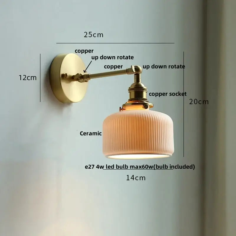 Copper finished DecorBites™ LED glass wall light fixture with ribbed ceramic shade for modern living room bar