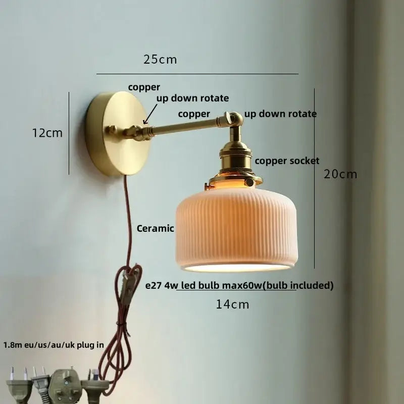 Brass-finished copper wall light fixture with ribbed ceramic shade for modern living room and bar lighting