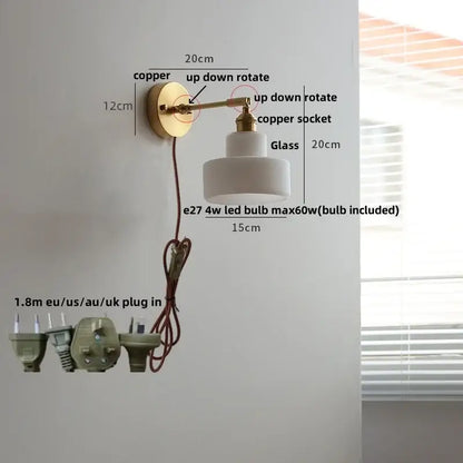 Decorbites™ copper wall light fixture with white glass shade and adjustable arm for modern living room and bar lighting