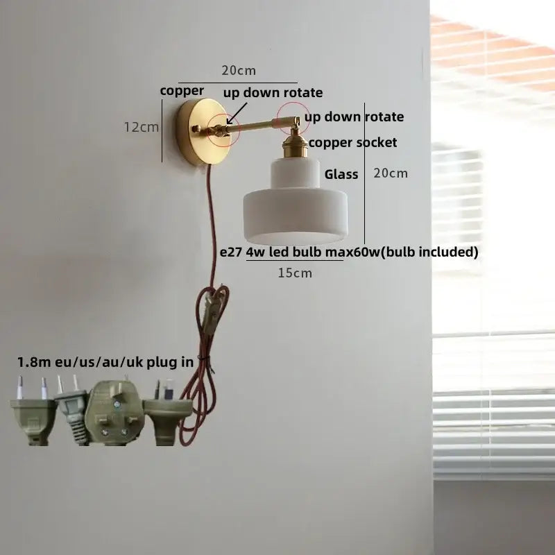 Decorbites™ copper wall light fixture with white glass shade and adjustable arm for modern living room and bar lighting
