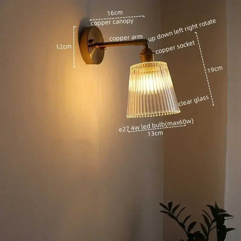 Copper-finished decorbites led glass wall light with clear ribbed glass shade for modern bedroom and living room decor