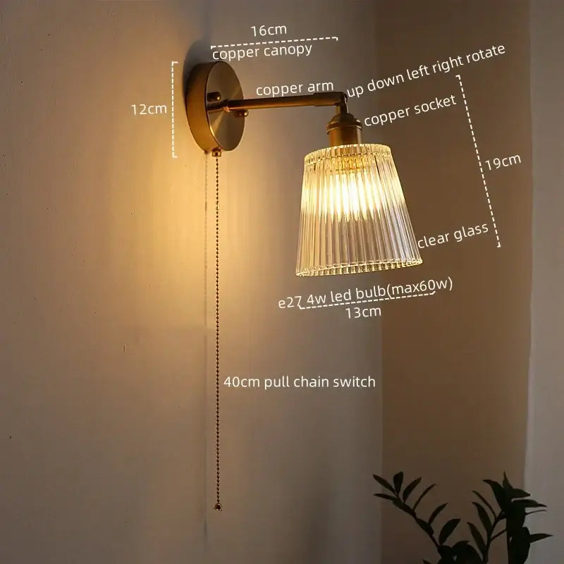 Copper wall lights with clear ridged glass shade and pull chain switch from DecorBites led glass wall collection