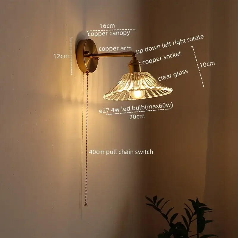 Copper wall lights with clear glass shade and adjustable pull chain switch from DecorBites LED glass wall series