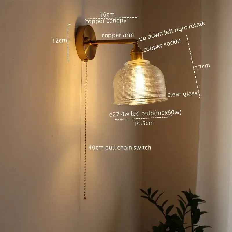Copper decorbites led glass wall light with clear textured glass shade and e27 4w led bulb for bedroom and living room