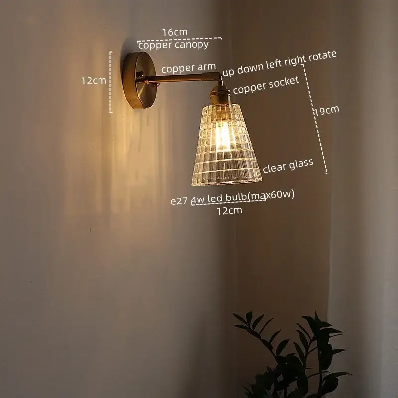Copper-finished decorbites led glass wall light with clear grid-patterned glass shade for bedroom and living room decor