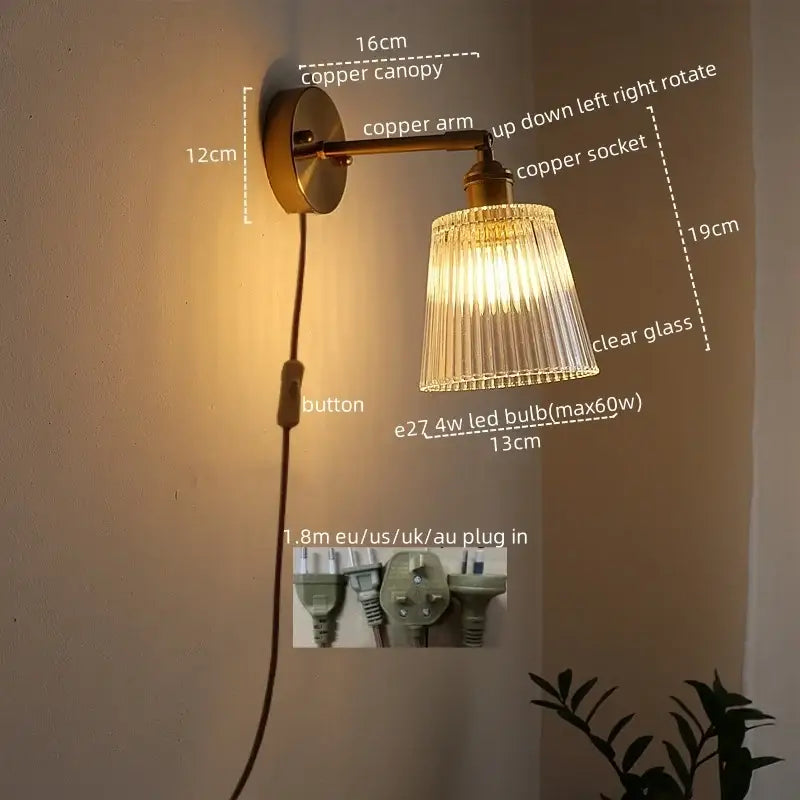 Copper-finished DecorBites LED glass wall lights with clear ribbed glass shade and adjustable arm for modern decor