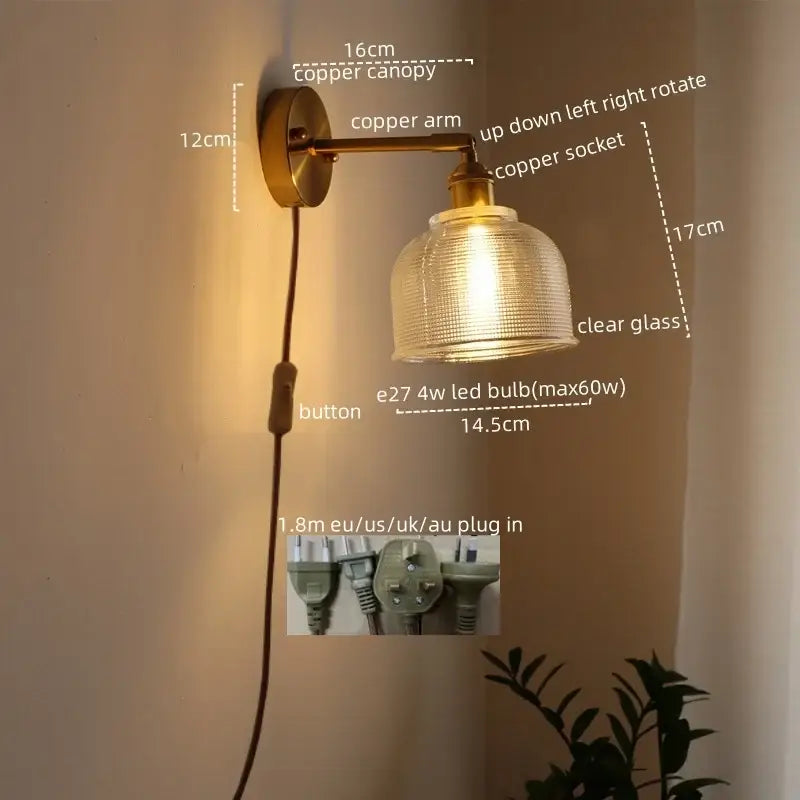 Copper decorbites led glass wall light with clear textured glass shade and adjustable arm for modern indoor decor