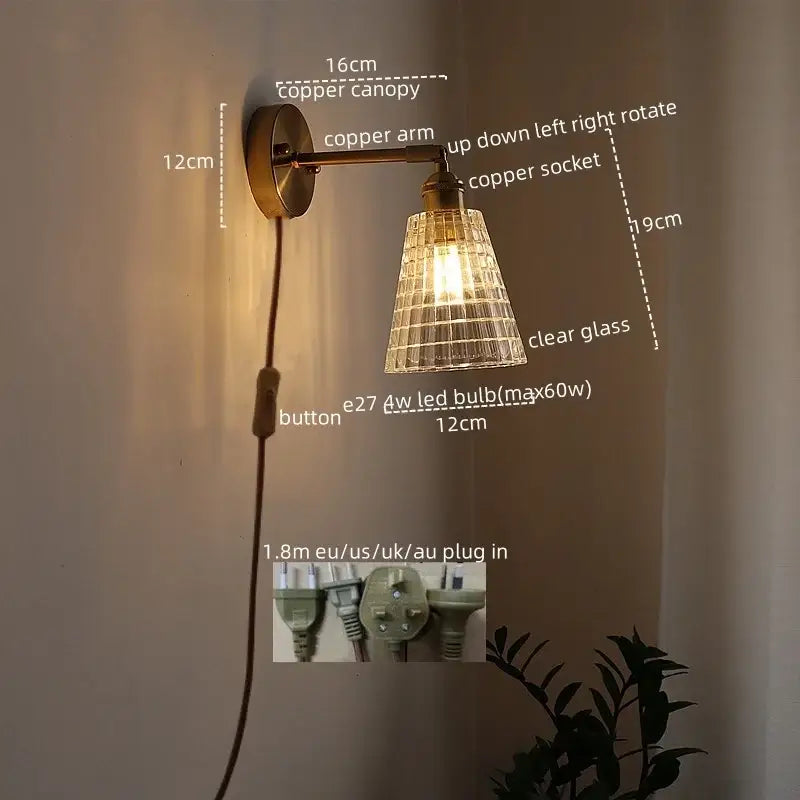 Antique brass-finished copper wall lights with intricately patterned clear glass shade by DecorBites led glass