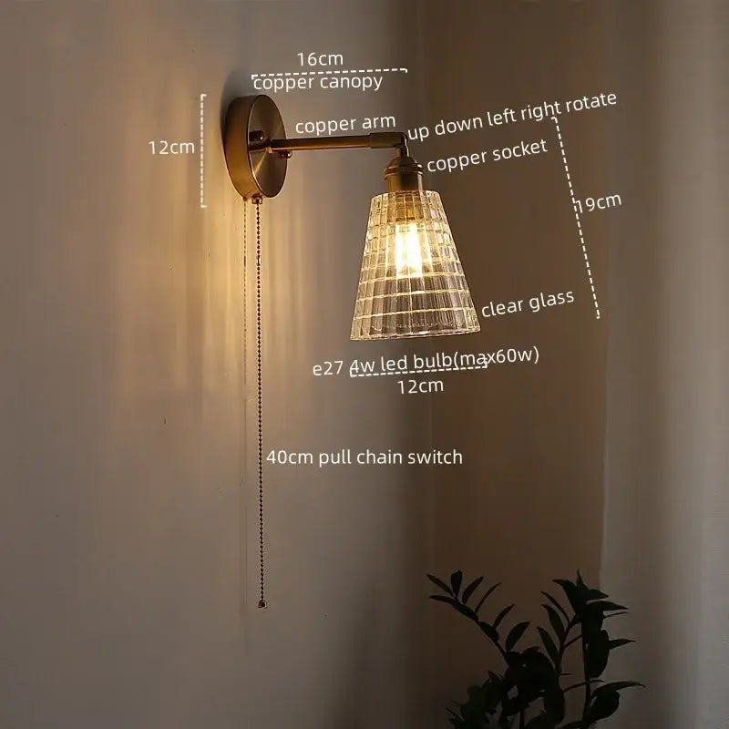 Decorbites led glass copper-finished wall lights with clear grid pattern glass shade and 40cm pull chain switch for modern decor