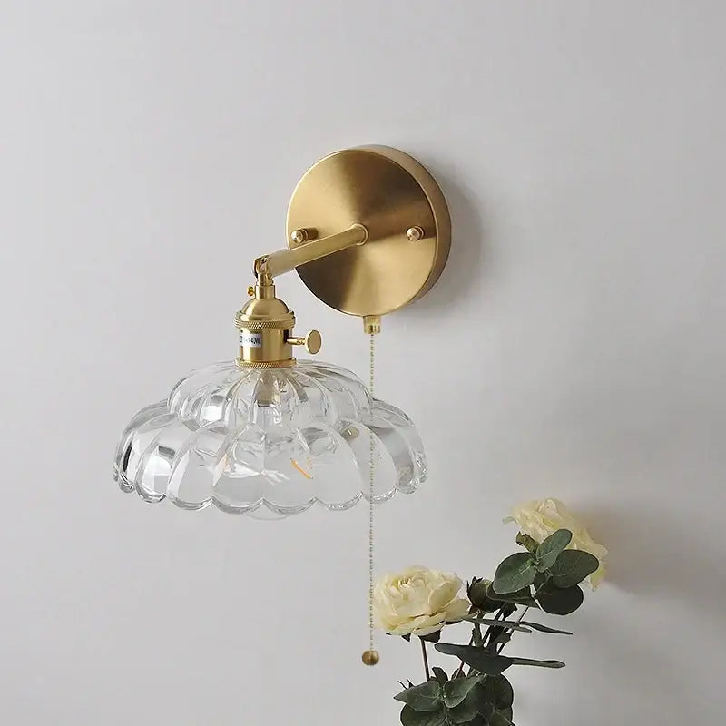 Decorbites led glass wall light with clear faceted glass lampshade and brass metal arm for modern bedside use