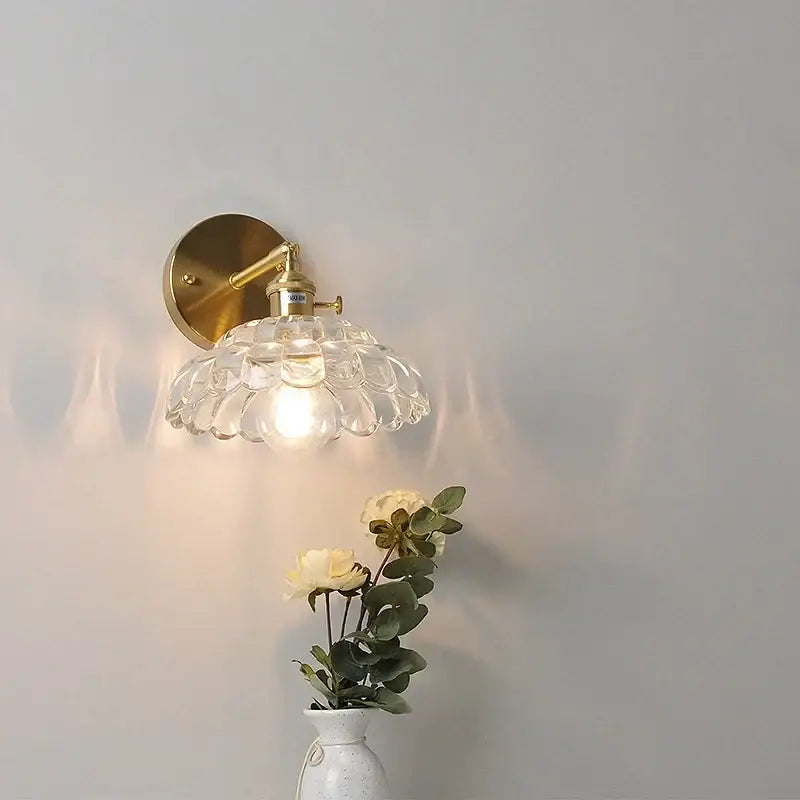 Gold-toned DecorBites led glass wall sconce with clear scalloped glass shade and pull chain switch bedside lamp