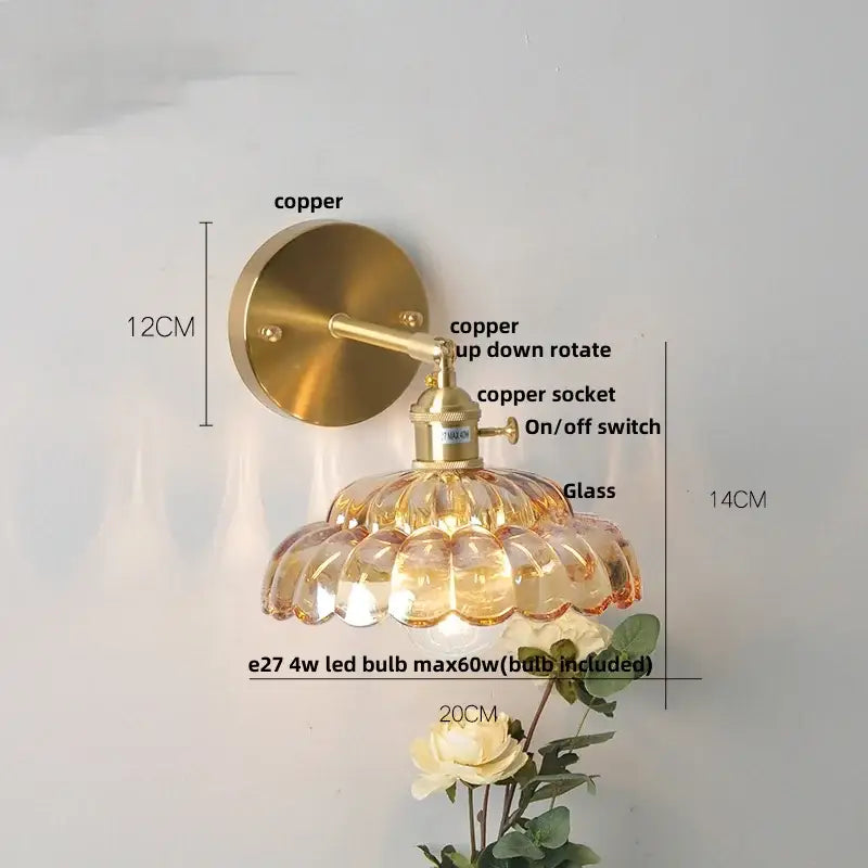 DecorBites™ led glass wall light with brass copper finish amber scalloped glass shade pull chain switch bedside lamp