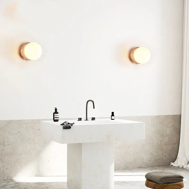Minimalist decorbites led glass wall lights with warm diffused light and natural wood base for restaurant living room
