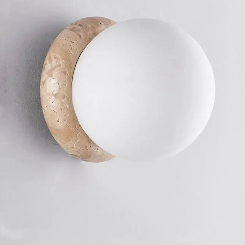 Minimalist decorbites led glass wall lights with opaque white spherical shade and beige stone base for living room use