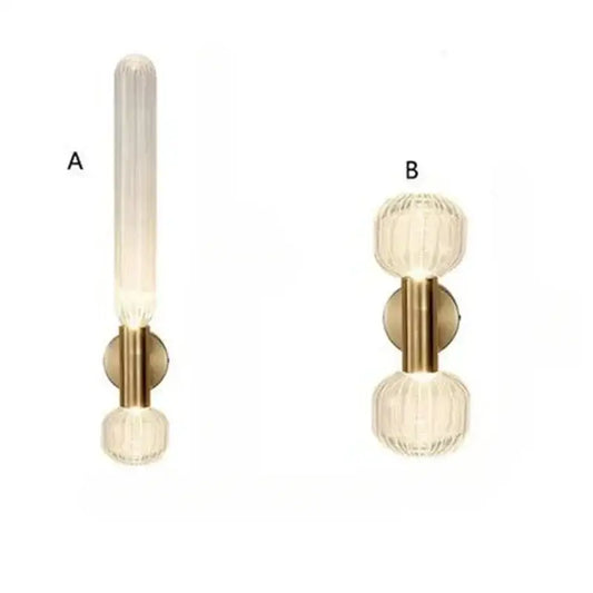 Two gold decorbites™ led glass wall sconces featuring frosted tube and faceted crystal spheres for elegant home lighting