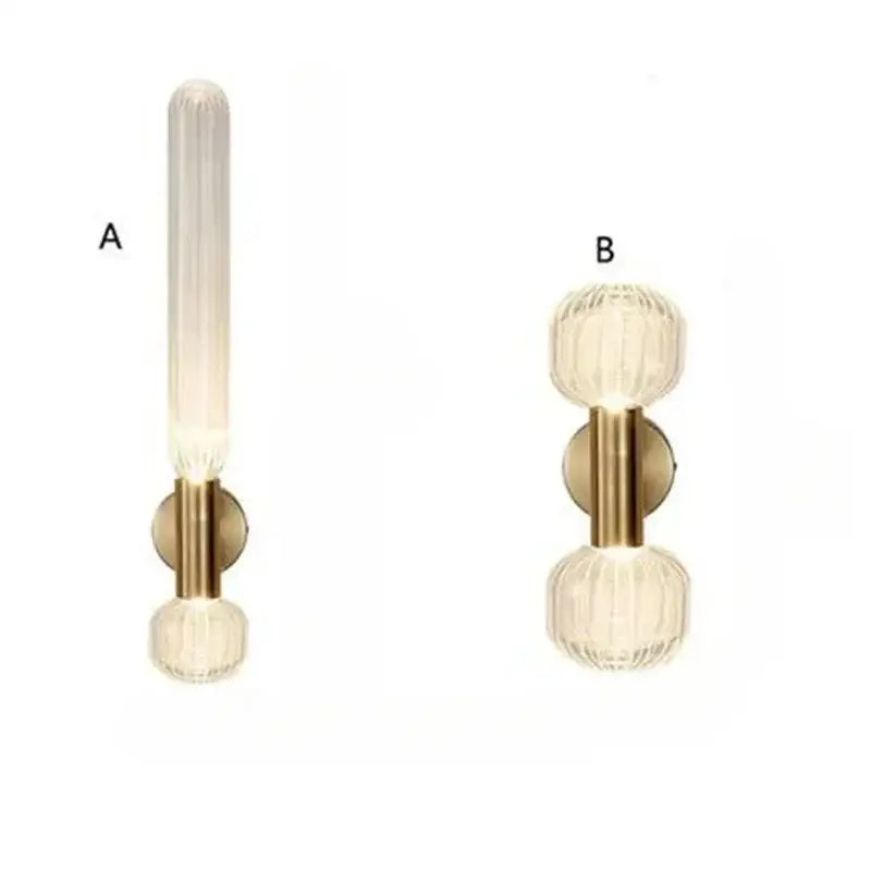 Two gold decorbites™ led glass wall sconces featuring frosted tube and faceted crystal spheres for elegant home lighting