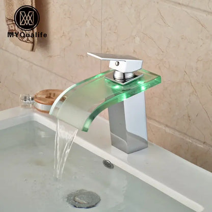 Modern chrome basin faucet with decorbites led glass waterfall spout in translucent green for bathroom sink mixer