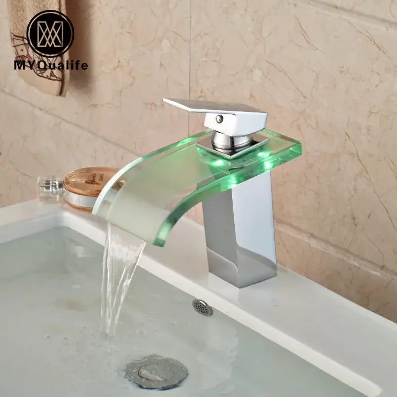 Modern chrome basin faucet with decorbites led glass waterfall spout in translucent green for bathroom sink mixer