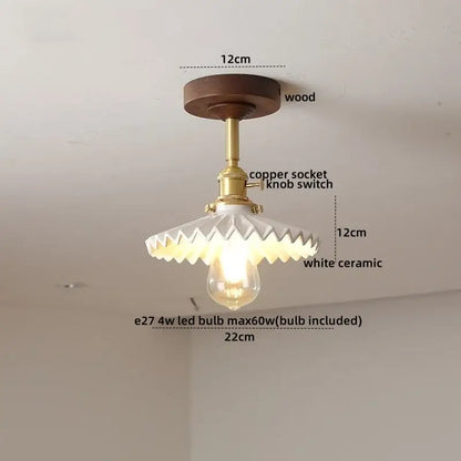 Vintage-style decorbites led glass wood ceiling lamp with dark wood base brass copper socket and white scalloped ceramic shade