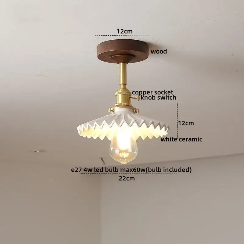 Vintage-style decorbites led glass wood ceiling lamp with dark wood base brass copper socket and white scalloped ceramic shade