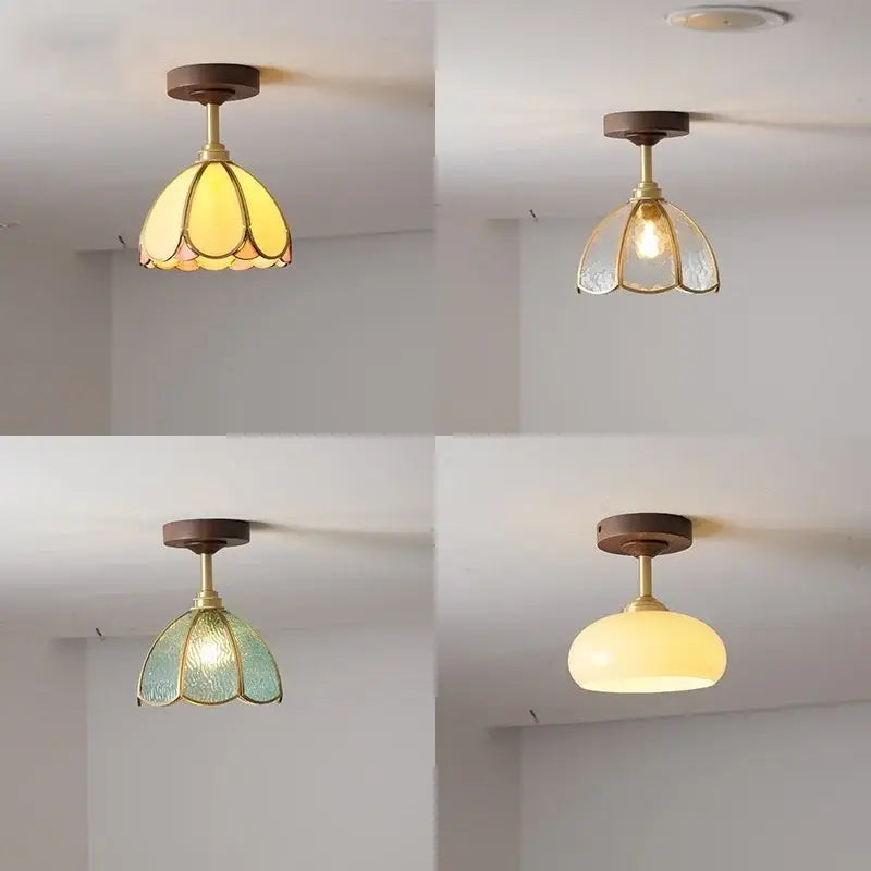 Four vintage style decorbites led glass wood ceiling lamps with wooden bases brass stems and yellow clear green or white shades