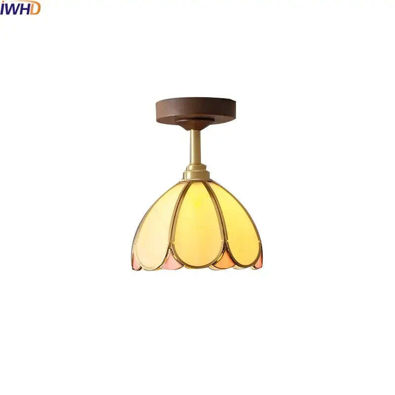 Decorbites led glass wood ceiling lamp with warm-toned flower-shaped stained glass, brass finish, and wooden base