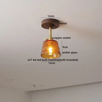 DecorBites™ LED glass wood ceiling lamp with warm amber glass pendant light and copper socket for modern indoor lighting