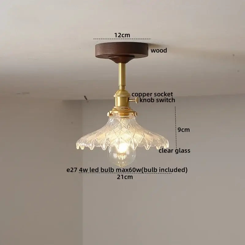 Vintage-style decorbites led glass wood ceiling lamp with dark wood base brass copper socket and clear ornate glass shade