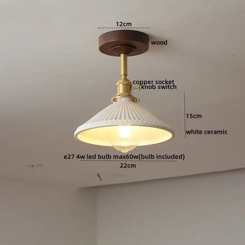 White ceramic pendant ceiling lamp with fluted design brass copper socket on dark wood plate decorbites led glass wood