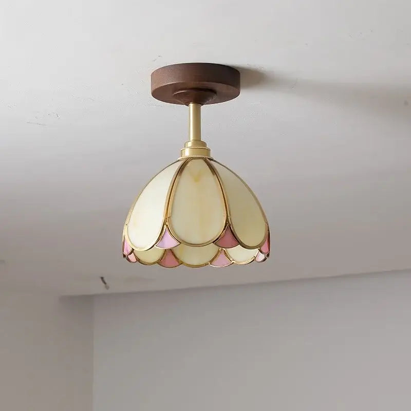 DecorBites led glass wood ceiling lamp with cream and pink stained glass pendant and brass finish for indoor lighting