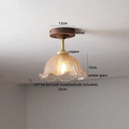 Decorbites led glass wood ceiling lamp with warm amber glass pendant light copper stem and wooden ceiling mount
