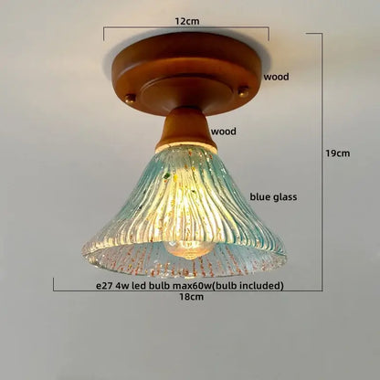 DecorBites led glass wood ceiling light with warm wood base and translucent blue ridged glass shade for living room
