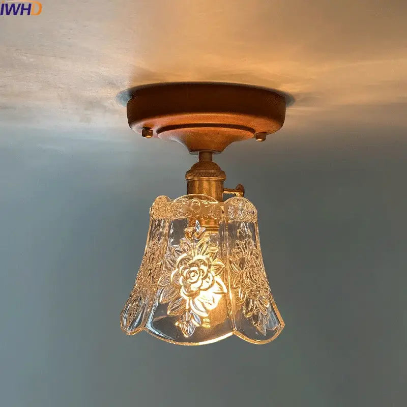 Decorbites led glass wood ceiling light with clear glass pendant and floral etching for modern living room decor