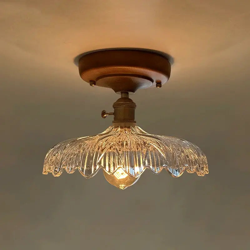 Vintage-style decorbites led glass wood ceiling light with warm brass base and clear ridged glass shade for living room