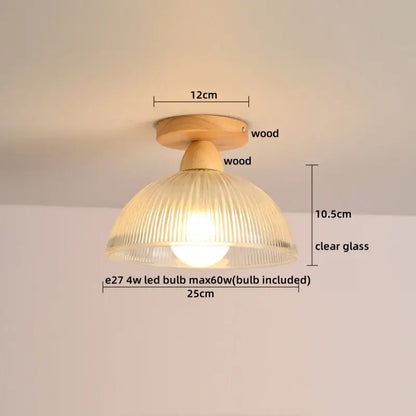 DecorBites LED glass wood ceiling light with warm wood base and clear ribbed glass shade for living room decor