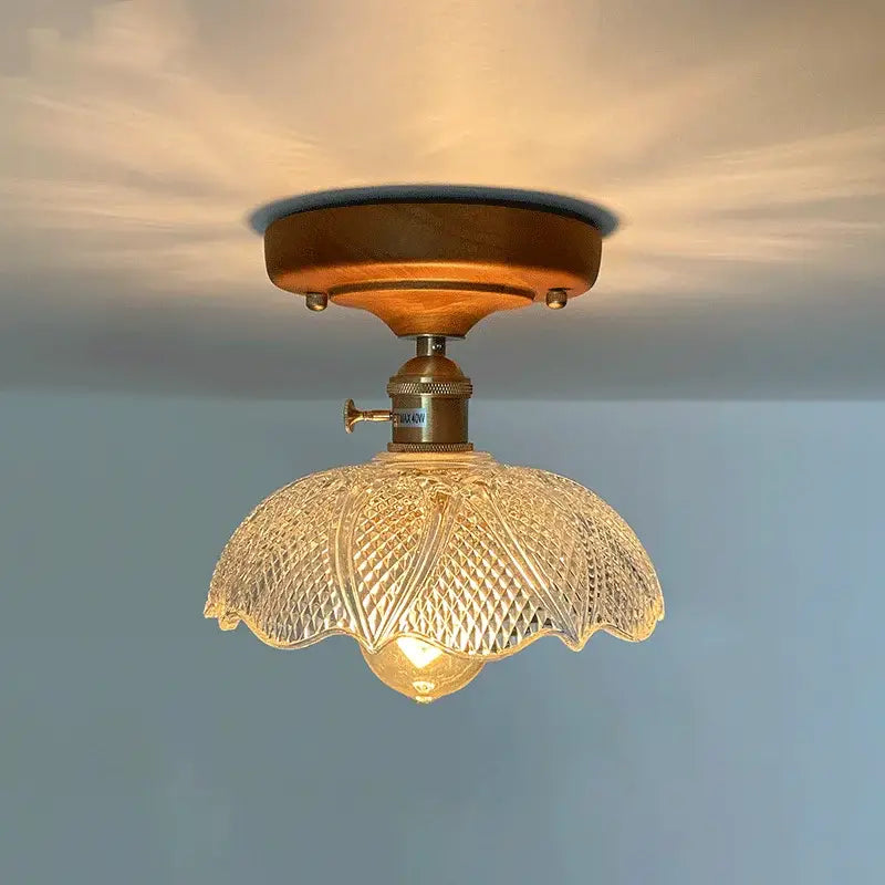 DecorBites led glass wood ceiling light with warm brass base and ornate diamond-cut glass shade for living room lighting