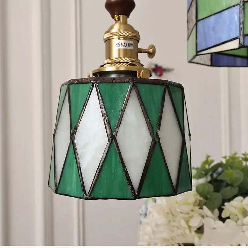Decorbites led glass pendant lamp featuring green and white diamond-patterned stained glass with brass hardware