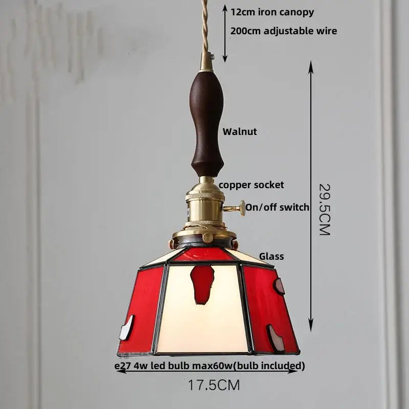 DecorBites LED glass and wood pendant lamp with red and cream stained glass and walnut iron canopy vintage copper finish