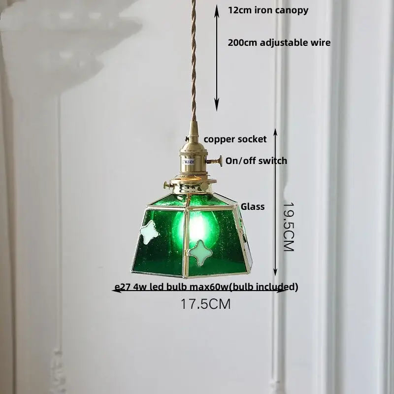 Green glass DecorBites LED glass pendant lamp with brass accents and twisted iron canopy wood pendant lamp