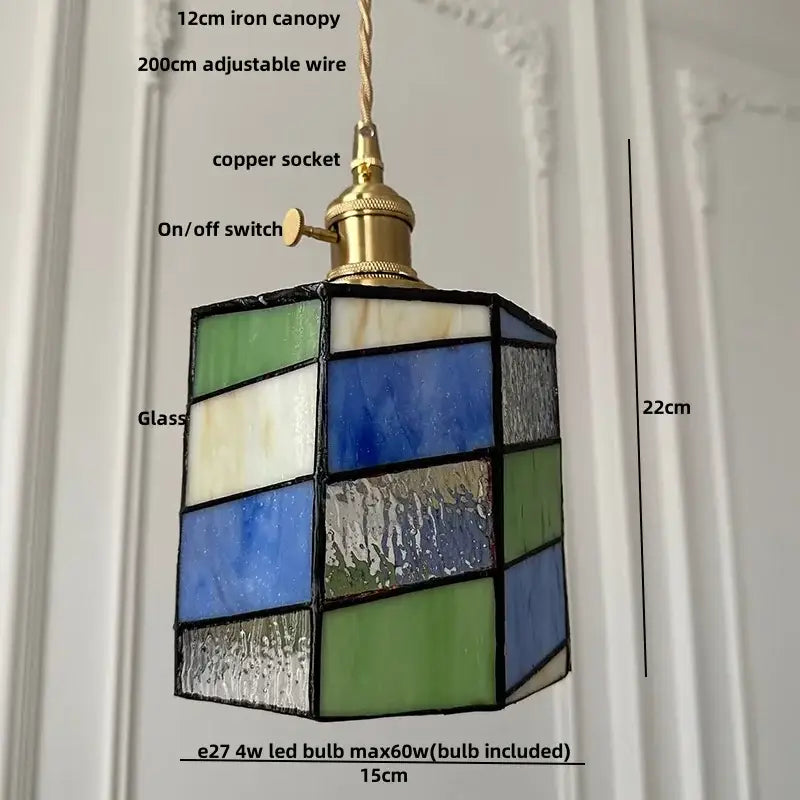Rectangular decorbites led glass pendant lamp with vintage copper socket featuring colorful stained glass panels